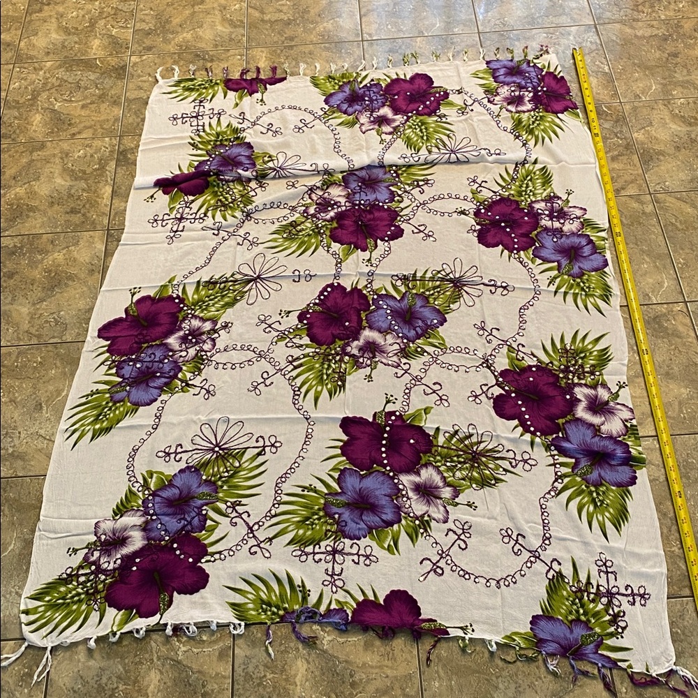 Hibiscus & Palm,  Green and Purple wrap/ Scarf